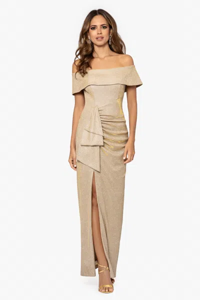Xscape Evenings "tessa" Long Glitter Off The Shoulder Ruffle Dress In Neutral