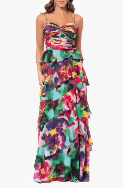 Xscape Evenings Tiered Ruffle Sleevless Gown In Green/ Multi