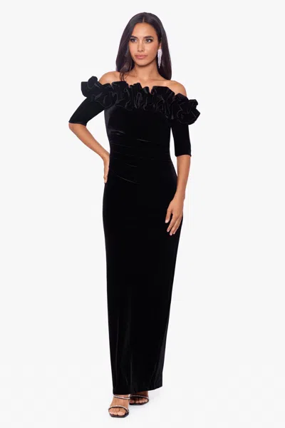 Xscape Evenings "tiffany" Long Velvet 3/4 Sleeve Ruffle Top Dress In Black