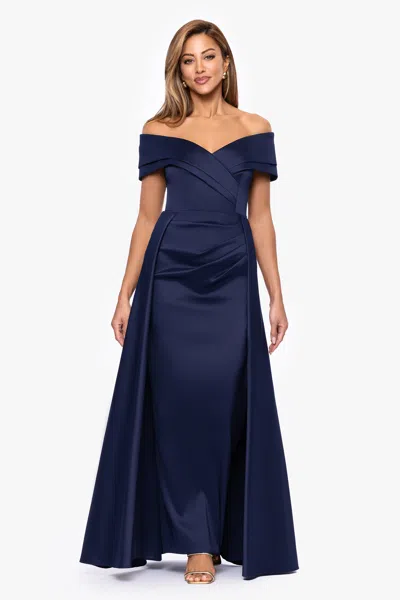 Xscape Evenings "tina" Mikado Off The Shoulder Overlay Floor Length Dress In Blue