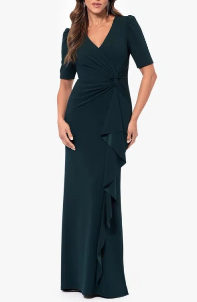Xscape Evenings Twist Front Scuba Crepe Ruffle Gown In Pine