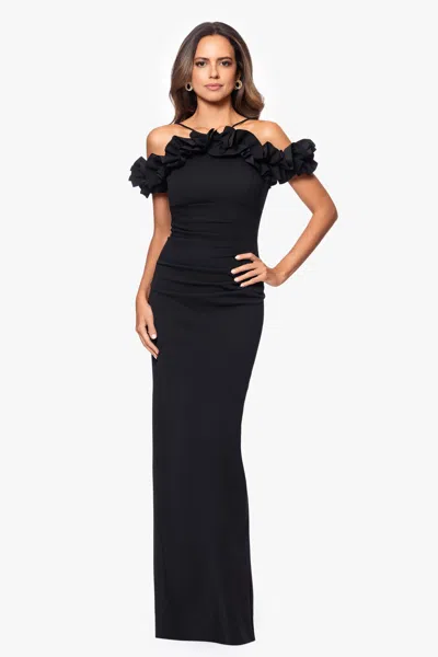 Xscape Evenings Ruffle Detail Crepw Body-con Gown In Black