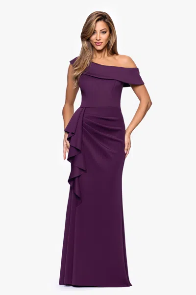 Xscape Evenings Ruffle One-shoulder Scuba Knit Gown In Purple