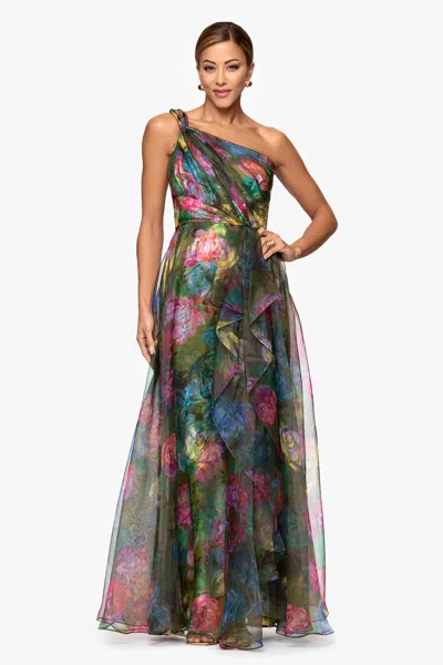 Xscape Evenings One-shoulder Floral Organza Gown In Multi