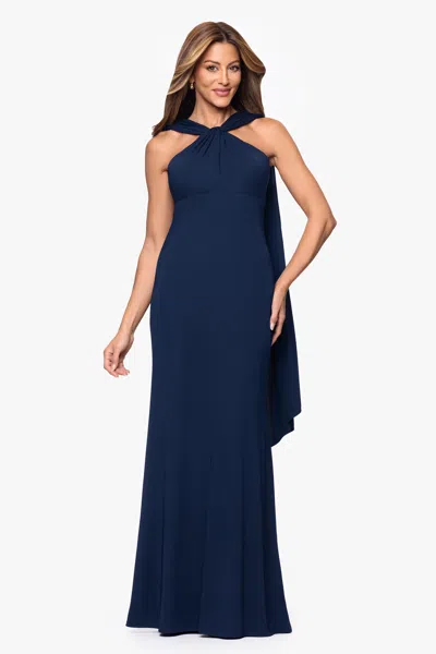 Xscape Evenings Scarf Detail Halter Neck Gown In Blue
