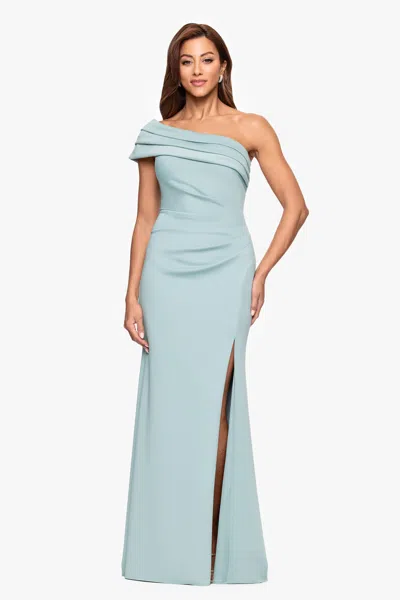 Xscape Evenings "whitney" Techno Scuba One Shoulder Off The Shoulder Floor Length Dress In Green
