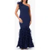 Xscape Evenings Wire Ruffle Detail One-shoulder Scuba Crepe Gown In Navy