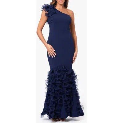 Xscape Evenings Wire Ruffle Detail One-shoulder Scuba Crepe Gown In Navy