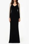 Xscape Evenings Lng Scb Crp Ots 3d Flr In Black Nude Silver