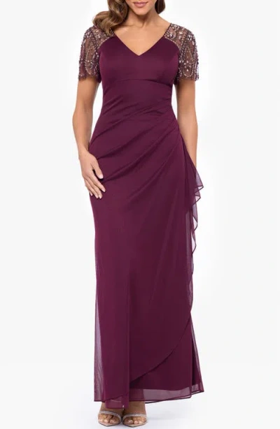 Xscape Evenings Xscape Beaded Sleeve Ruched Column Gown In Purple