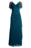 Xscape Evenings Xscape Beaded Sleeve Ruched Column Gown In Neo Emerald