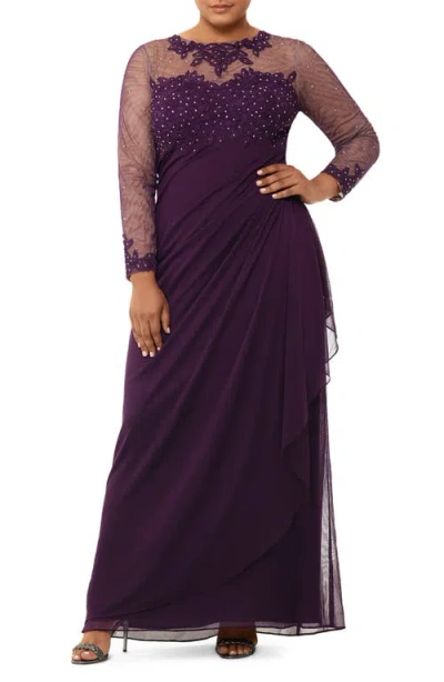 Xscape Evenings Xscape Embellished Illusion Long Sleeve Ruched Gown In Plum