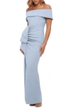 Xscape Evenings Xscape Off The Shoulder Crepe Evening Gown In Sky Blue