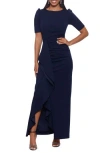 Xscape Evenings Xscape Scuba Crepe Ruffle Gown In Navy