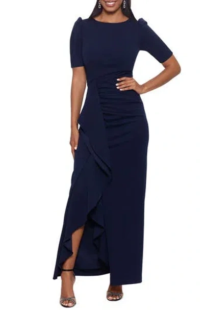 Xscape Evenings Xscape Scuba Crepe Ruffle Gown In Navy