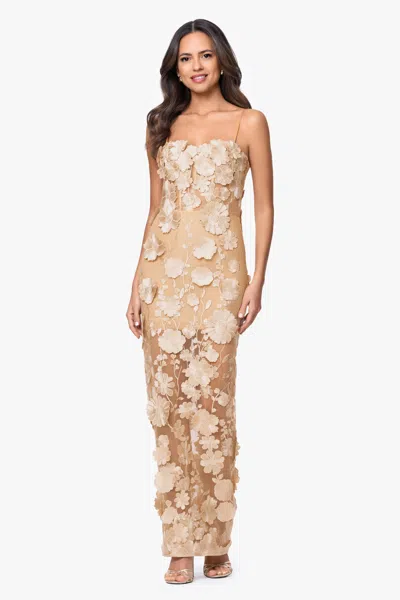 Xscape Evenings "zoey" 3d Embellished Spaghetti Floor Length Dress In Multi
