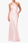 Xscape Halter Neck Satin Trumpet Gown In Rose/ Gold