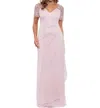 Xscape Lana Long V-neck Beaded Flutter Sleeve Dress In Rose In Pink