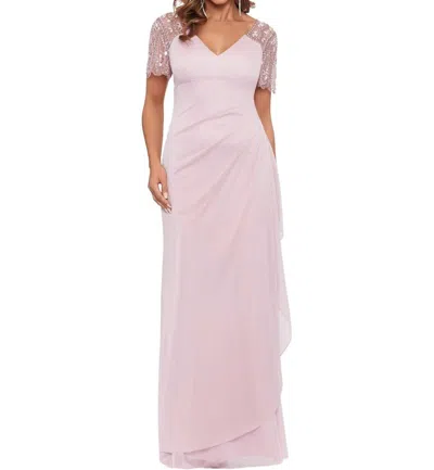 Xscape Lana Long V-neck Beaded Flutter Sleeve Dress In Rose