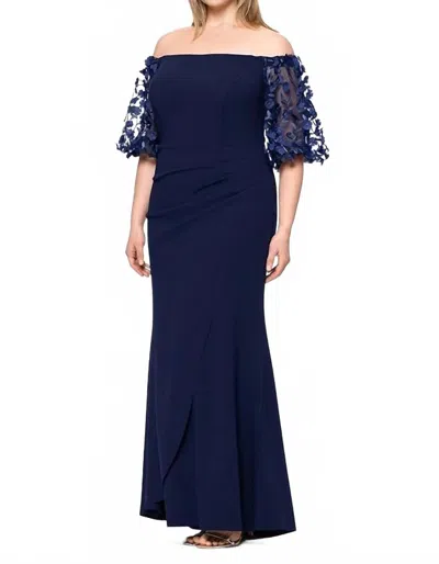 Xscape Long Illusion Sleeve Off The Shoulder Dress Maxi Dress In Navy In Blue