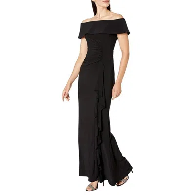 Xscape Long Ity Dress Black Stretch Ruched Off-the-shoulder Frog150