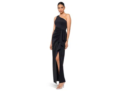 Xscape Long Scuba One Shoulder Ruffle In Black