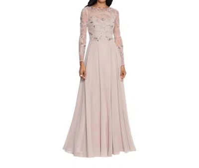 Xscape Mason Beaded Long Sleeve Chiffon Gown -plus In Taupe / Blush In White