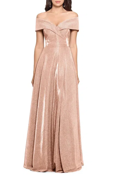 Xscape Maxi Dress Blush Pink Shimmer Front Slit Off-the-shoulder Jdm2683