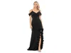 Xscape Maxi Dress Women Black Crepe Side Slit Ruffle Hem Cold Shoulder Nwo110 In Black