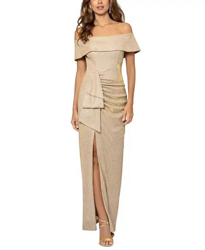 Xscape Maxi Dress Womens 10 Gold Draped Detail Side Slit Off The Shoulder Erk777 In Gold,silver