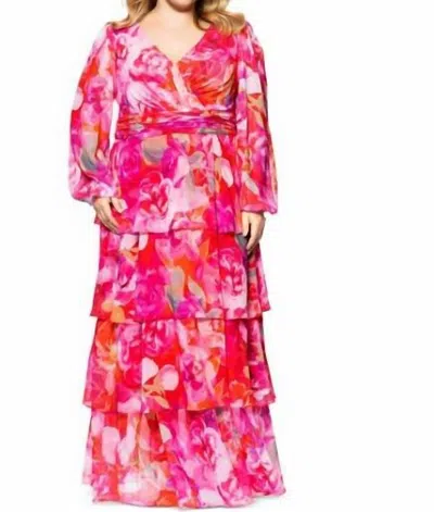 Xscape Norene Print Chiffon Long Sleeve Ruffle Floor Length Dress - Plus In Pink Multi