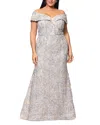 Xscape Plus Size Embellished Lace Off-the-shoulder Gown In Gold/silver