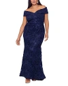 Xscape Off The Shoulder Embroidered Lace Gown In Navy