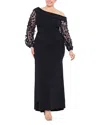Xscape Plus Size Off-the-shoulder Floral-sleeve Gown In Black