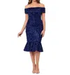 Xscape Off The Shoulder Lace Fit And Flare Dress In Navy In Blue