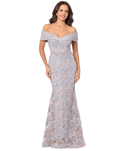 Xscape Off-the-shoulder Lace Gown In Gold,silver