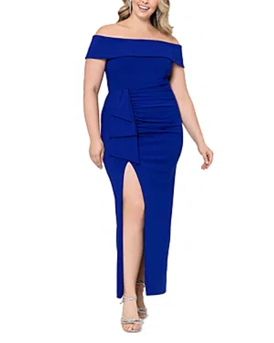 XSCAPE OFF-THE-SHOULDER RUCHED SCUBA CREPE GOWN