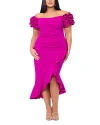 Xscape Off-the-shoulder Scuba Crepe Midi Dress In New Fushia