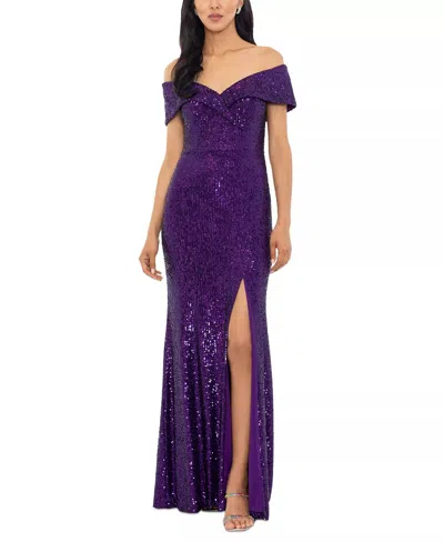 Xscape Off-the-shoulder Side-slit Sequin Gown In Purple