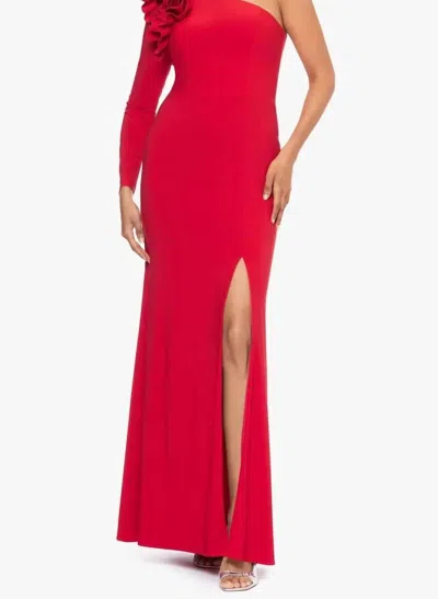 XSCAPE ONE-SHOULDER RUFFLE GOWN IN RED