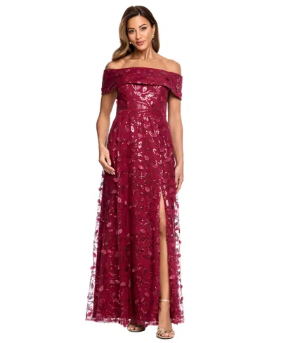Xscape Petite 3d Embellished Mesh Off-the-shoulder Ball Gown In Red