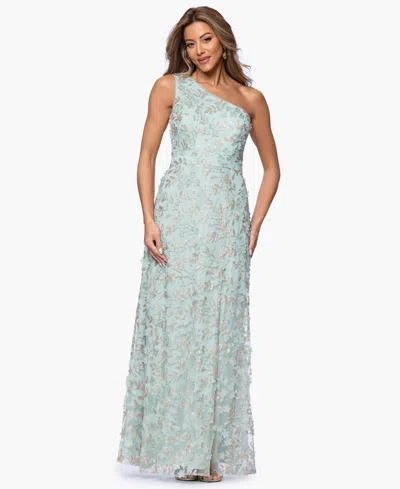 Xscape Petite 3d Flower One Shoulder Ball Gown In Blue