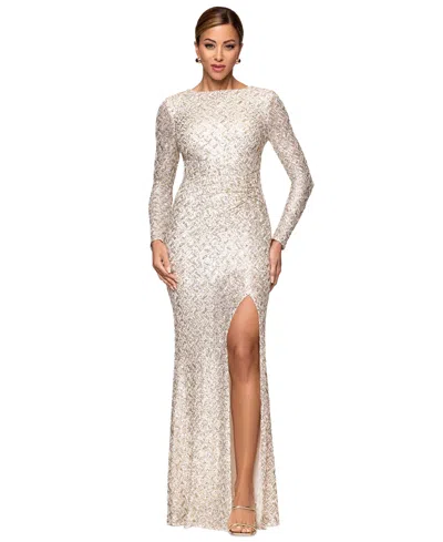 Xscape Petite Allover-sequin Boat-neck Long-sleeve Dress In Gold Silver