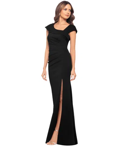 Xscape Petite Asymmetric Front Slit Evening Gown In Black