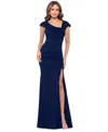 Xscape Petite Asymmetric Front Slit Evening Gown In Midnight