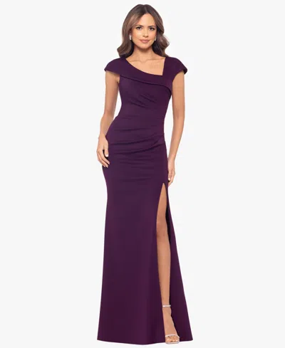 Xscape Petite Asymmetric Front Slit Evening Gown In Purple