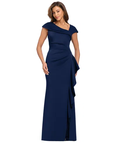 Xscape Petite Asymmetrical Neck Scuba Ruffle Sheath Gown In Blue