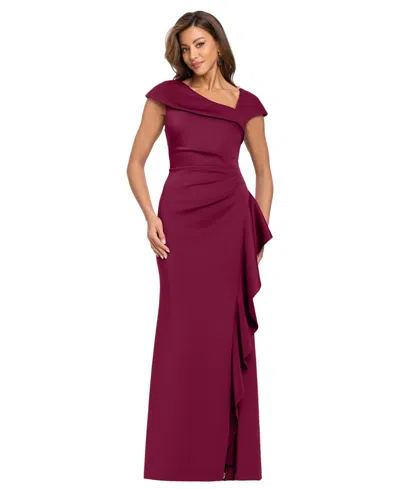 Xscape Petite Asymmetrical Neck Scuba Ruffle Sheath Gown In Wine