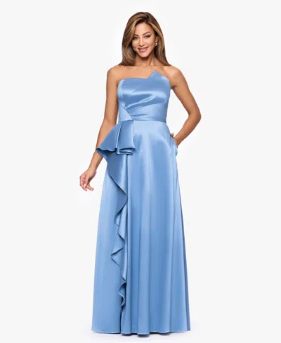 Xscape Petite Asymmetrical Strapless Ball Gown In Blue