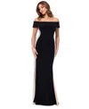 Xscape Caviar Diamante Off The Shoulder Gown In Black,nude,silver